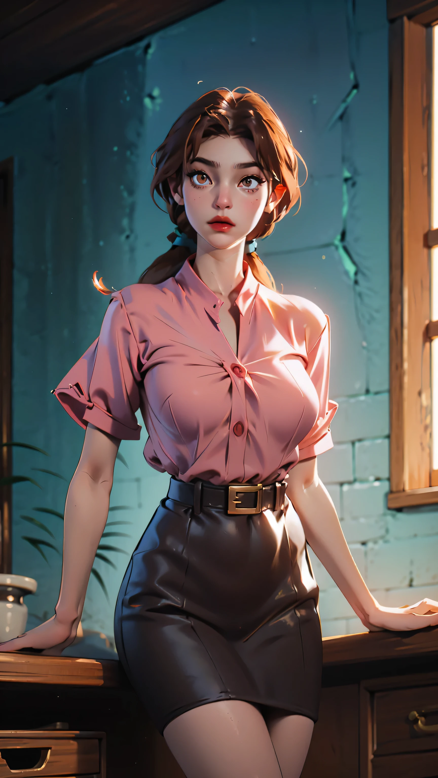 A tall sexy sensual beauty woman with big breasts, long brown hair and brown eyes is wearing a white button-down shirt tied with a knot, showing her belly button and a short black skirt with black heels