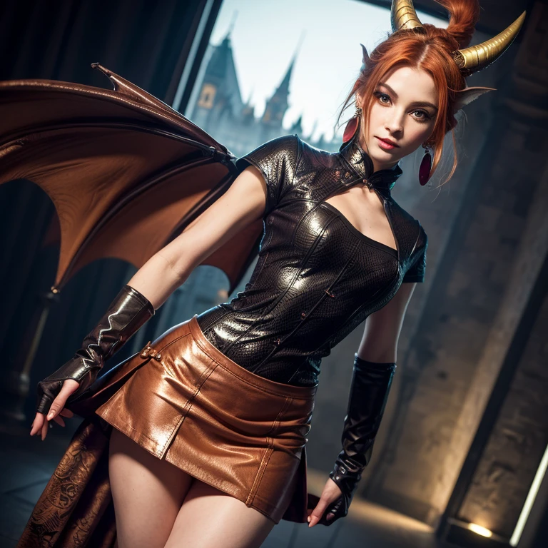 8k,hires,masterpiece,highest quality,demoness,burning indoors dark gothic church background,fire red pixie cut,large highly detailed ornamented ash gray bat wings,(intricate pink cream corsett pants:1.2),cross laced armor boots,dominant posture,seductive gaze,silver horns,realistic folds fabric,diabolic smile,flirting,dramatic cinematic volumetric lighting,low angle shot,realistic photograph,highest detailed face,fire,