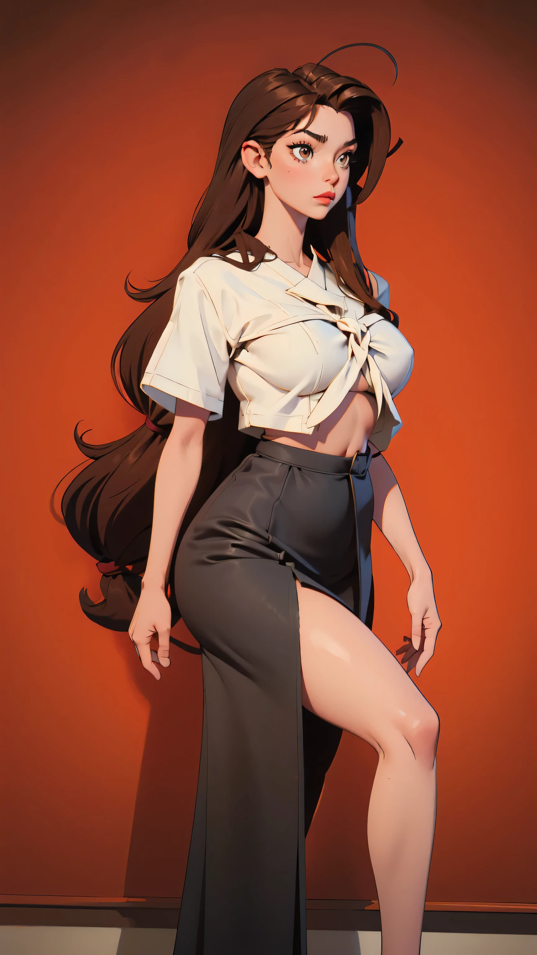 A tall sexy sensual beauty woman with big breasts, long brown hair and brown eyes is wearing a white button-down shirt tied with a knot, showing her belly button and a short black skirt with black heels