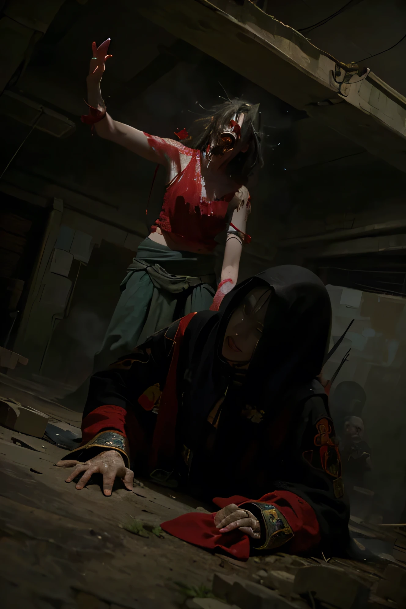 (Best quality, 8k, 32k, Masterpiece, UHD:1.2) Create a chilling scene featuring a zombie slasher villain that embodies the menacing horror aesthetic typical of classic horror movies. The character should appear as a decaying, undead figure with gruesome, decomposed flesh hanging from their skeletal frame. Their clothes are tattered and stained with dried blood, suggesting they have been terrorizing victims for a long time. The zombie’s face is twisted into a grotesque expression, with hollow, sunken eyes that gleam with a sinister, undead intelligence. Ragged skin barely clings to their skull, and their teeth are sharp and exposed, as if ready to rip into their next victim.
The scene is set in a dimly lit, abandoned warehouse or a desolate, fog-filled forest, adding to the eerie atmosphere. Shadows play across the ground, and a faint, sickly green light seems to radiate from the zombie, emphasizing their supernatural presence. Nearby, there are signs of recent violence: blood spatter on the walls, a broken weapon lying on the ground, and scattered remnants of the zombie’s previous victims, such as torn clothing and discarded personal items.
The air is thick with tension, and a faint sound of heavy breathing or dragging footsteps can be heard, heightening the sense of dread. Mist swirls around the zombie slasher villain, almost as if it’s alive, curling around them and further obscuring their form. The overall scene should evoke a sense of fear and suspense, as if the zombie slasher villain is about to strike again, lurking in the darkness and waiting to unleash their next attack.