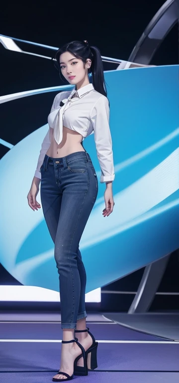 Acurate, 1 Dahyun, Black hair、black eyes、Semi-long、pony tailed hair、Slender but well-proportioned muscular body、a smile、wearing a tie-front shirt、Abs are cracked、The navel is visible、Wearing high heels、wearing very tight blue skinny jeans.、Breasts are big、Full Body from Head to Toe、Standing in a full height from head to the tip of the toe.

The picture must capture from head to toe. FULL BODY


