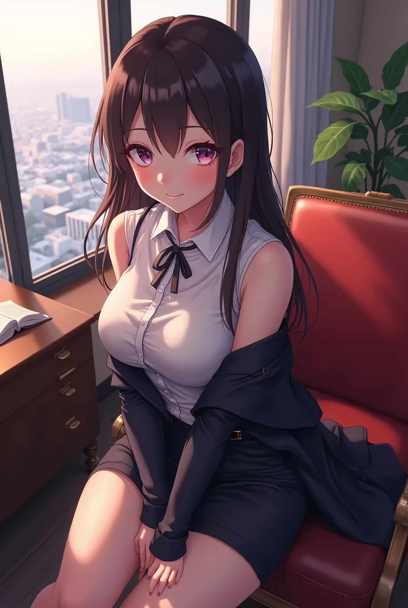 masterpiece, best quality, expressive eyes, perfect face, highly detailed, intricate detailed, atmospheric perspective, solo, 1mature seductive woman lean on desk, alluring pose, brown semi long hair, neckless, business suit, checked vest, blouse, black pencil skirt, tight mini skirt, cleavage, pantyhose, spread legs, panties, curvy, thighs, calm smile, office room, at night,