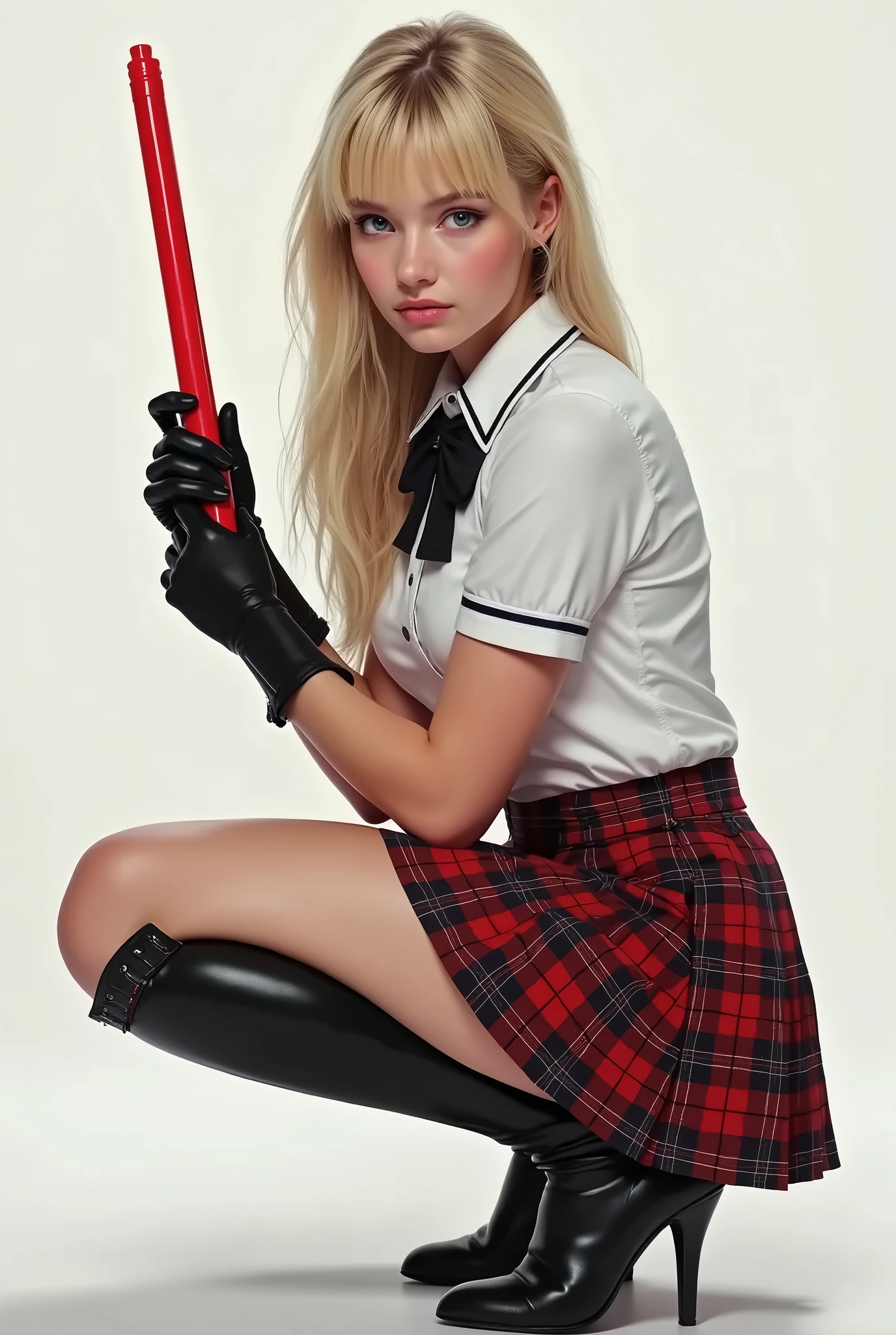 Blond woman in a school uniform holding a red candle - SeaArt AI