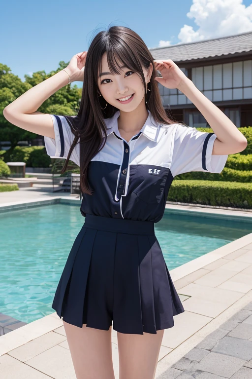 a beauty girl、hi-school girl、Check skirt、a miniskirt、独奏、ocean in background、Sit on the embankment、thighs thighs thighs thighs、middlebreast