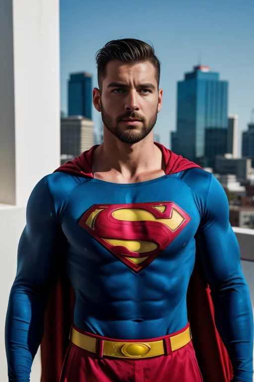 1man, 
a 30 y.o muscular male, small beard, gloomy eyes, blue eyes, undercut haircut, concentrated expression, wearing wearing a superman suit, in a roof top
soft lighting, 
masterpiece, best quality, 8k uhd, dslr, film grain, Fujifilm XT3 photorealistic painting art by midjourney and greg rutkowski