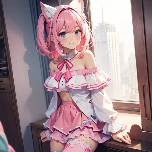 Beautiful girl with colorful hair,Wolf ears,She is an angel.、It's Yandere,A smile,masterpiece,超A high resolution,,Revealing loungewear with ribbon,Beautiful Beautiful Girl,Perfect Beautiful Girl,Excellent style,Loose socks,