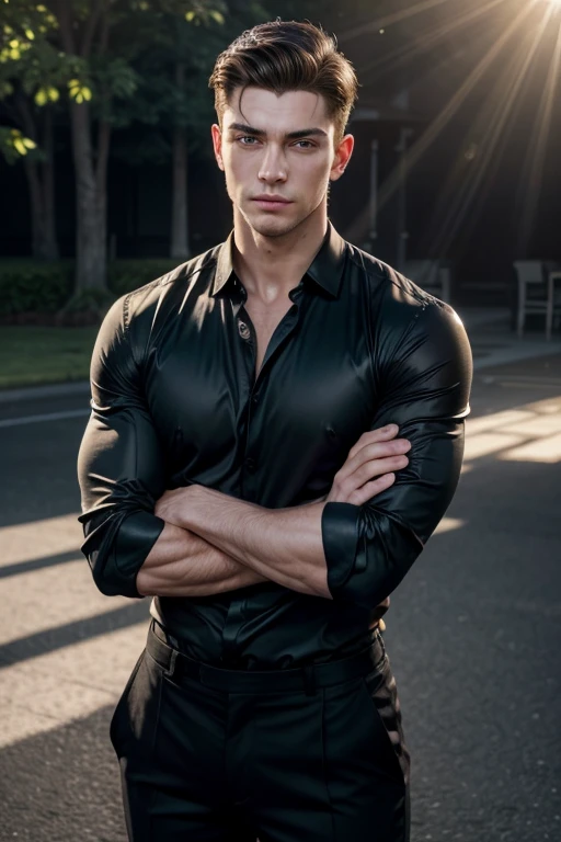 4K, High resolution, best quality, masterpiece, perfect color, perfect shade, perfect lighting, Posted by：e621, ((portrait)), ((handsome man)), perfect male figure, Short hair details，Short sleeves detailed face, perfect face, Detailed background, ((Bonifasco Lighting)), (exquisite eyes),short black hair，starry sky，sea，((melancholy)),((Normal body proportions) leaning against the wall in the street, with thong, muscular and slim, wearing necklace and bracelets, romantic sex, pleasure, sexy, fully naked body, red lips, wearing open vest, high sunlight, very handsome face focus, with sunglasses, handsome , 