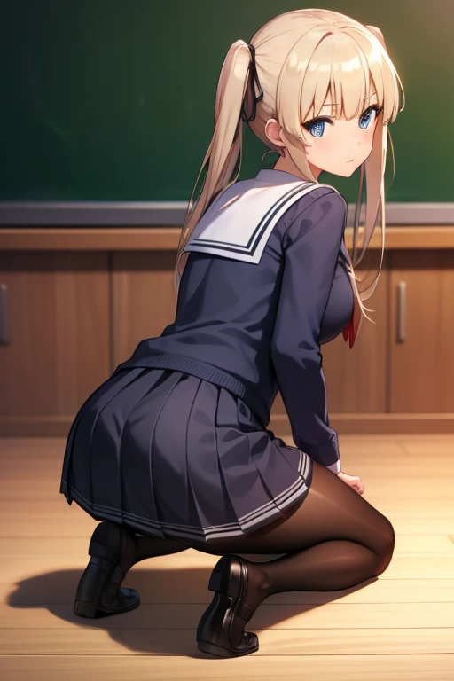 eririspencer, eriri sawamura spencer, blonde hair, blue eyes, blunt bangs, hair ribbon, hime cut, long hair, twintails, full body, full pose, BIG BREASTS, gross face, Grimace, ((kneeling)), BREAK black ribbon, black skirt, ((black pantyhose)), pleated skirt, ribbon, school uniform, skirt, zettai ryouiki, BREAK ((looking back)), ((school shoes)), BREAK indoors, classroom, BREAK (masterpiece:1.2), best quality, high resolution, unity 8k wallpaper, (illustration:0.8), (beautiful detailed eyes:1.6), extremely detailed face, perfect lighting, extremely detailed CG, (perfect hands, perfect anatomy),