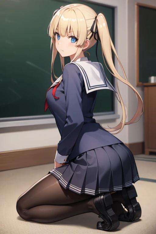 eririspencer, eriri sawamura spencer, blonde hair, blue eyes, blunt bangs, hair ribbon, hime cut, long hair, twintails, full body, full pose, BIG BREASTS, gross face, Grimace, ((kneeling)), BREAK black ribbon, black skirt, ((black pantyhose)), pleated skirt, ribbon, school uniform, skirt, zettai ryouiki, BREAK ((looking back)), ((school shoes)), BREAK indoors, classroom, BREAK (masterpiece:1.2), best quality, high resolution, unity 8k wallpaper, (illustration:0.8), (beautiful detailed eyes:1.6), extremely detailed face, perfect lighting, extremely detailed CG, (perfect hands, perfect anatomy),