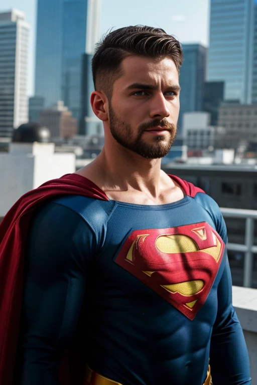 1man, 
a 30 y.o muscular man, small beard, gloomy eyes, blue eyes, undercut haircut, concentrated expression, wearing wearing a superman suit, in a roof top
soft lighting, 
masterpiece, best quality, 8k uhd, dslr, film grain, Fujifilm XT3 photorealistic painting art by midjourney and greg rutkowski