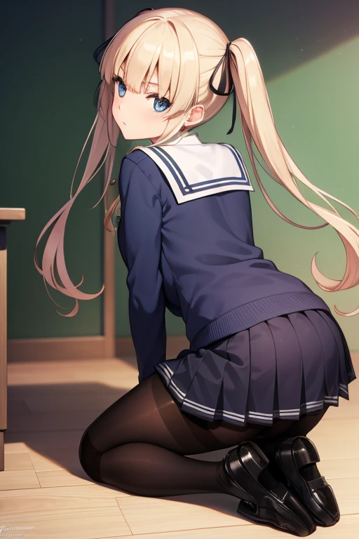 eririspencer, eriri sawamura spencer, blonde hair, blue eyes, blunt bangs, hair ribbon, hime cut, long hair, twintails, full body, full pose, BIG BREASTS, gross face, Grimace, ((on all fours)), BREAK black ribbon, black skirt, ((black pantyhose)), pleated skirt, ribbon, school uniform, skirt, zettai ryouiki, BREAK ((looking back)), ((school shoes)), BREAK indoors, classroom, BREAK (masterpiece:1.2), best quality, high resolution, unity 8k wallpaper, (illustration:0.8), (beautiful detailed eyes:1.6), extremely detailed face, perfect lighting, extremely detailed CG, (perfect hands, perfect anatomy),