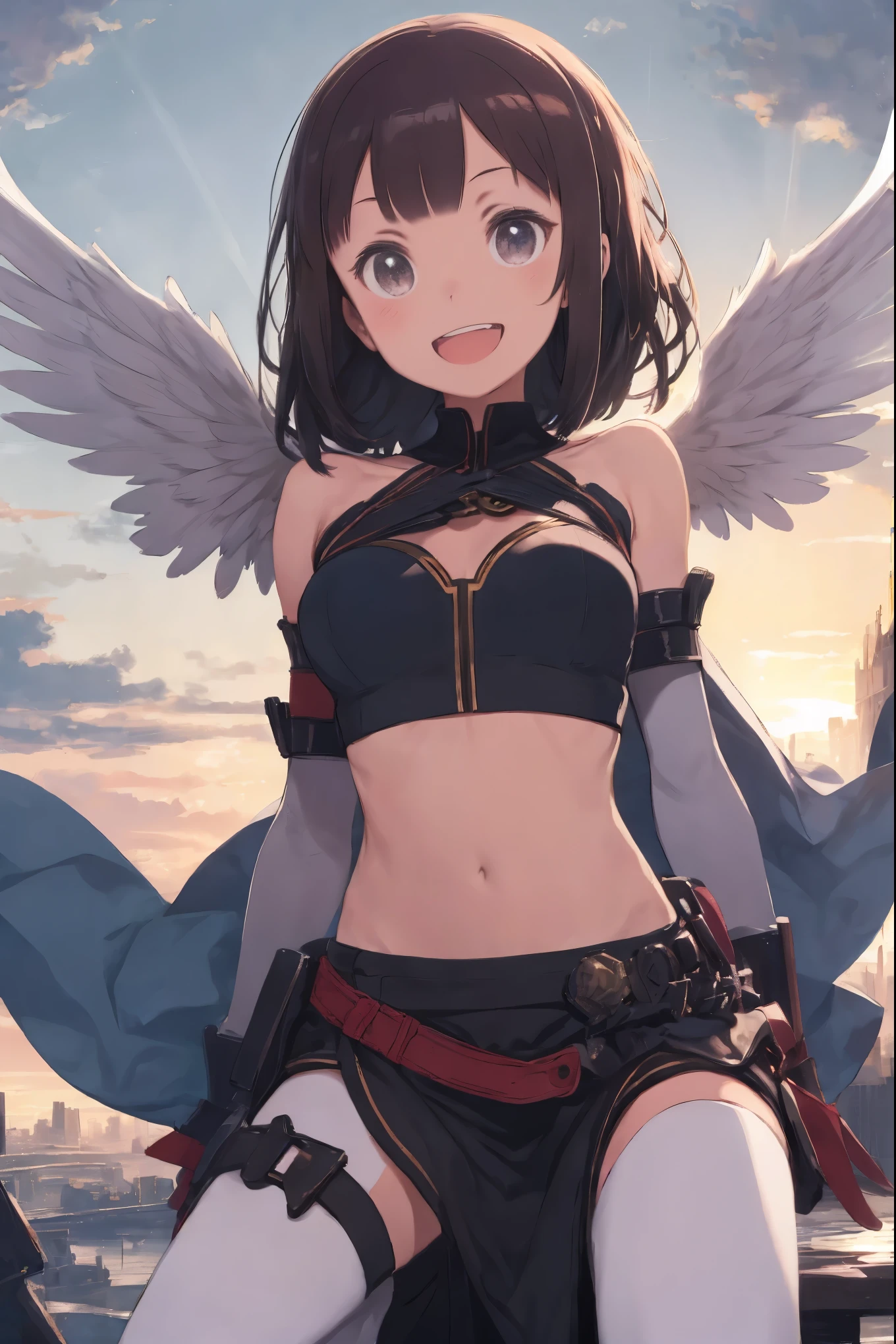 Angel, Eight wings, Angel Halo, Cute face:1.5, Petite:1.5, 15 years old, Long Hair:1.5, ponytail, Brown Hair, Small breasts, Toned body, uhd, retina, masterpiece, ccurate, anatomically correct, textured skin, super detail, high details, high quality, best quality, highres, 4K