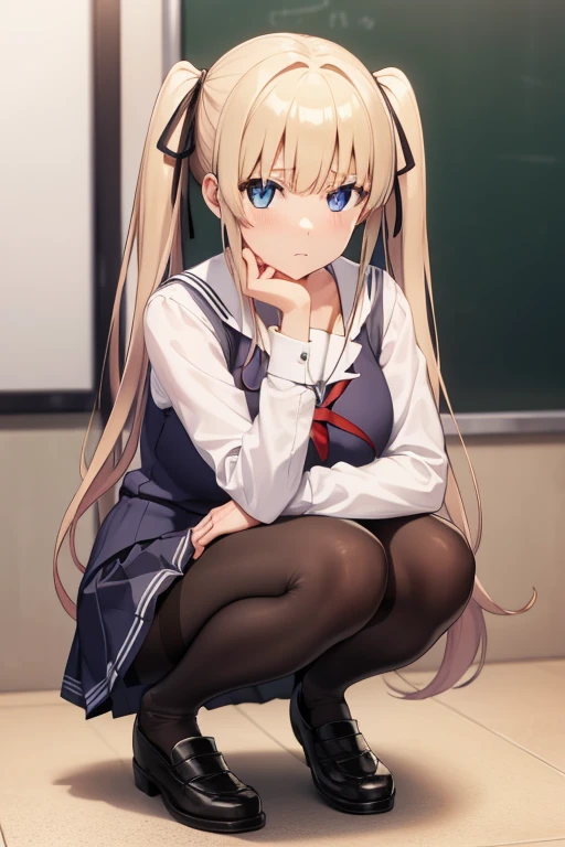 eririspencer, eriri sawamura spencer, blonde hair, blue eyes, blunt bangs, hair ribbon, hime cut, long hair, twintails, full body, full pose, BIG BREASTS, gross face, Grimace, ((squatting)), spread legs, show panties, BREAK black ribbon, black skirt, ((black pantyhose)), pleated skirt, ribbon, school uniform, skirt, zettai ryouiki, ((school shoes)), BREAK indoors, classroom, BREAK (masterpiece:1.2), best quality, high resolution, unity 8k wallpaper, (illustration:0.8), (beautiful detailed eyes:1.6), extremely detailed face, perfect lighting, extremely detailed CG, (perfect hands, perfect anatomy),