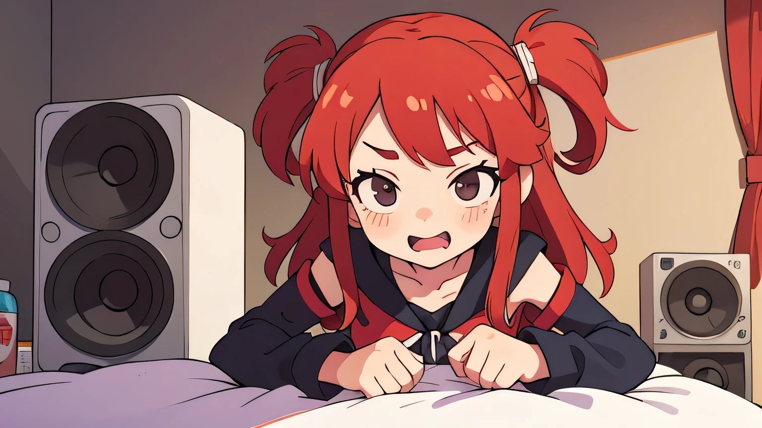 2D redhead anime girl, with speakers at the back, with a naughty face photo taken in the bedroom digital illustration,