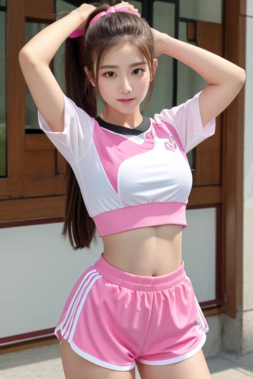 japanese woman、track and field uniform、、big breasts、Pink sportswear like bloomers、high leg bloomers、Wearing bloomers、NSFW、Looks like a whole body、Her nipples are so erect that you can see them even through her sportswear..、standing in the hallway of an old and dark hotel、A prostitute who takes the photographer's arm、lewd smile、grin、high socks、A scene where they are meeting at a sex shop.、sneakers
