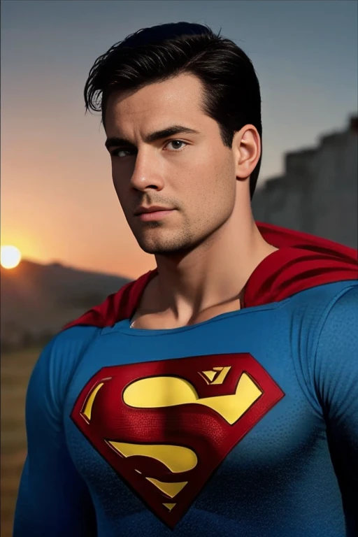 1man, 
a 30 y.o muscular man, small beard, gloomy eyes, blue eyes, undercut haircut, concentrated expression, wearing wearing a superman suit, flying over the sky,
soft lighting, sunset background
masterpiece, best quality, 8k uhd, dslr, film grain, Fujifilm XT3 photorealistic painting art by midjourney and greg rutkowski