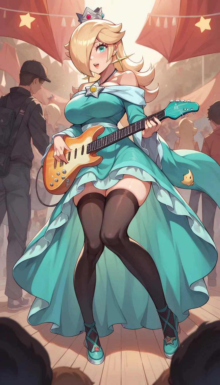 Princess Rosalina, big breasts, (breasts focus), rockstar black outfit, black stockings, playing electric guitar, on stage, on festival 