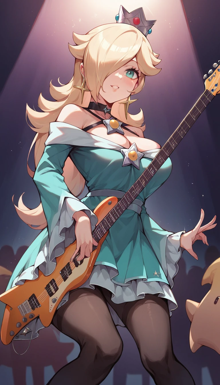 Princess Rosalina, big breasts, (breasts focus), rockstar black outfit, black stockings, playing electric guitar, on stage, on live, concert