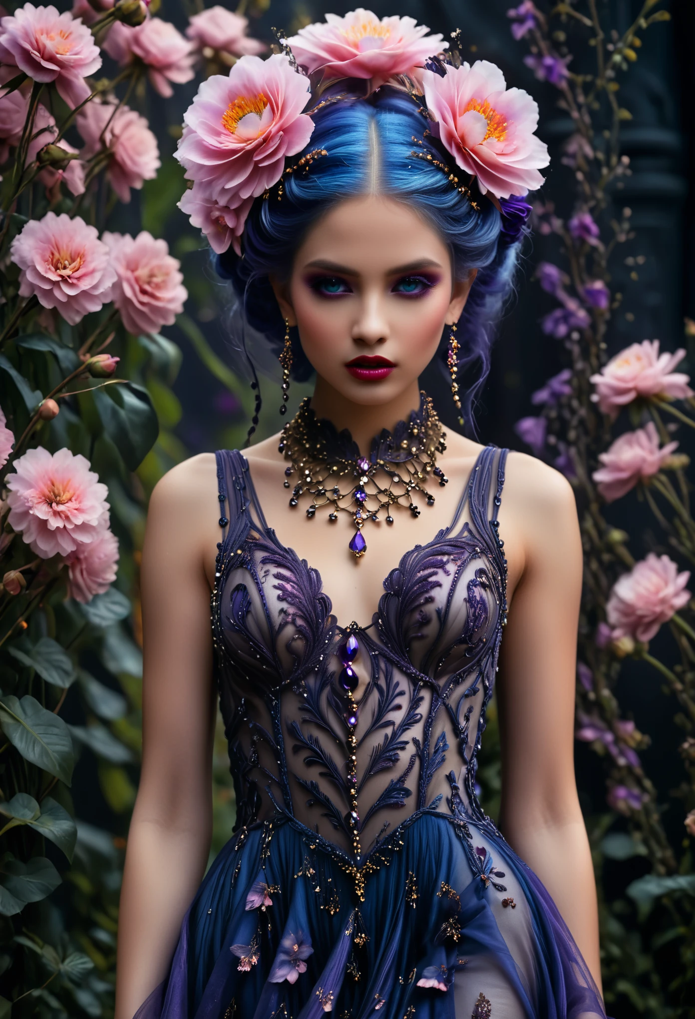 A young woman with striking blue hair, adorned with a vibrant flower, stands poised in a dynamic pose amidst a dark, mysterious backdrop of blurred flowers. Her clear and detailed face is set off by a rich, intricate purple dress, crafted from layers of satin and tulle, with delicate braids woven throughout her hair. Her bright blue eyes, enhanced by a subtle touch of mascara, sparkle with an air of mystery. A delicate flush of blush and a bold stroke of lipstick add a pop of color to her cheeks and lips. A sprinkling of jewelry adds a touch of whimsy to her overall look. The dress, with its armored line style, appears both regal and rebellious, as if defying the darkness that surrounds her. The overall effect is a work of art that is both haunting and beautiful, a true masterpiece of dark elegance.