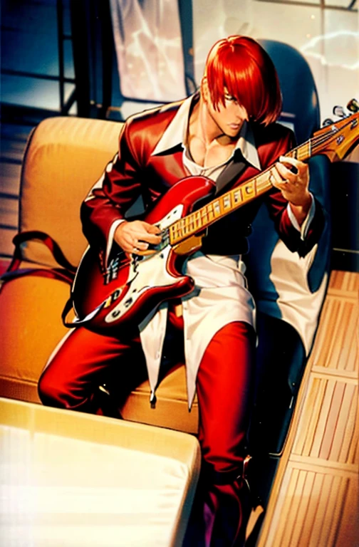 Male bassist, Sit on the sofa, A red-haired man practicing the electric bass, Red Leather Pants, anime