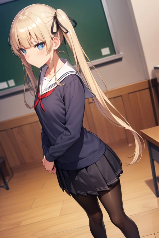 eririspencer, eriri sawamura spencer, blonde hair, blue eyes, blunt bangs, hair ribbon, hime cut, long hair, twintails, full body, full pose, BIG BREASTS, gross face, Grimace, ((standing)), show panties, BREAK black ribbon, black skirt, ((black pantyhose)), pleated skirt, ribbon, school uniform, skirt, zettai ryouiki, ((school shoes)), BREAK indoors, classroom, BREAK (masterpiece:1.2), best quality, high resolution, unity 8k wallpaper, (illustration:0.8), (beautiful detailed eyes:1.6), extremely detailed face, perfect lighting, extremely detailed CG, (perfect hands, perfect anatomy), bottom_view, upskirt, photo_from_bottom