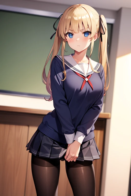 eririspencer, eriri sawamura spencer, blonde hair, blue eyes, blunt bangs, hair ribbon, hime cut, long hair, twintails, full body, full pose, BIG BREASTS, gross face, Grimace, ((standing)), show panties, BREAK black ribbon, black skirt, ((black pantyhose)), pleated skirt, ribbon, school uniform, skirt, zettai ryouiki, ((school shoes)), BREAK indoors, classroom, BREAK (masterpiece:1.2), best quality, high resolution, unity 8k wallpaper, (illustration:0.8), (beautiful detailed eyes:1.6), extremely detailed face, perfect lighting, extremely detailed CG, (perfect hands, perfect anatomy), bottom_view, upskirt, photo_from_bottom