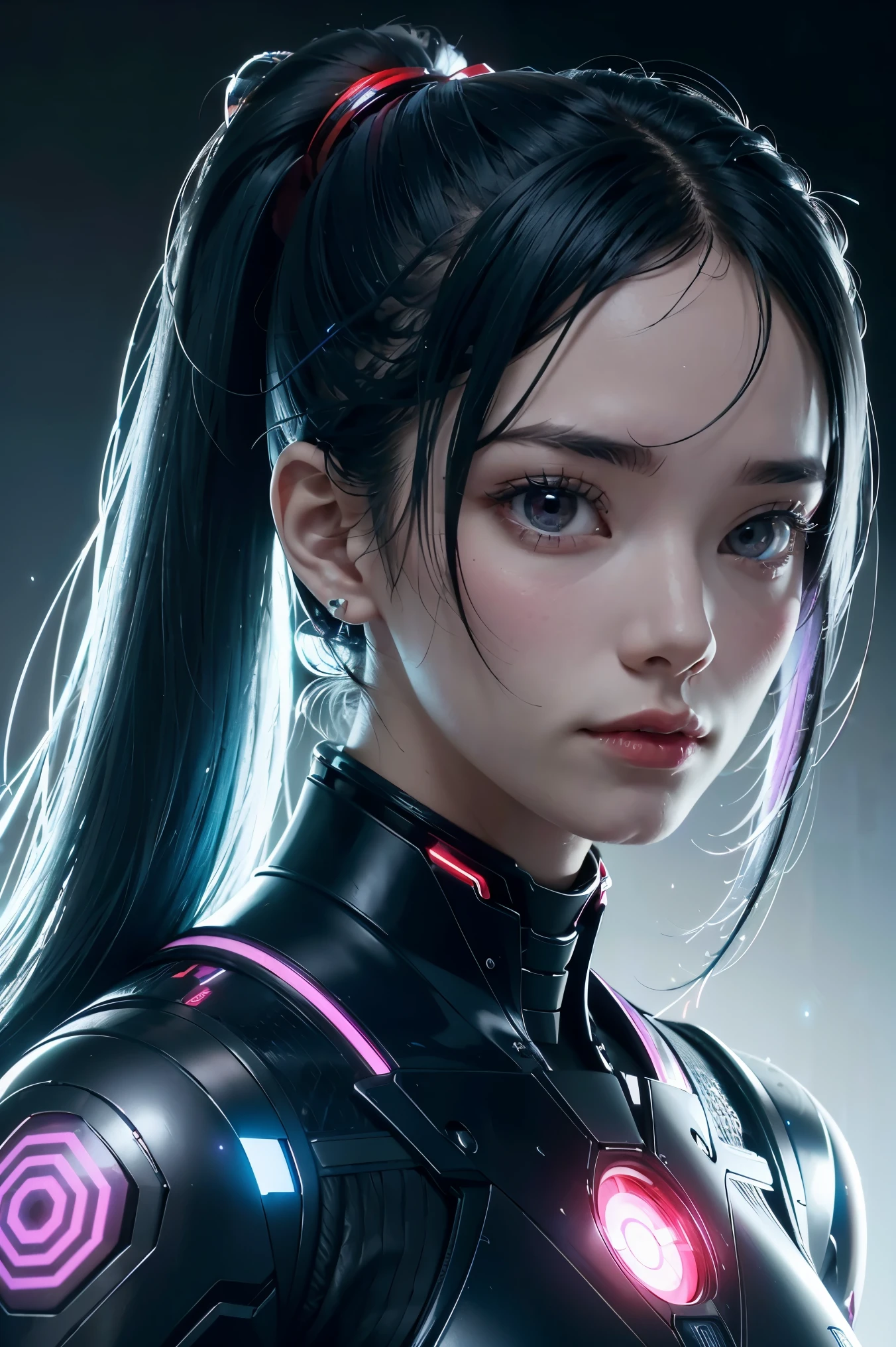 tmasterpiece,Best quality at best,A high resolution,8K,(portrait),(Close up of avatar),(RAW photogr),real photograph,digital photography,(cyberpunk queen),20 year old girl,long ponytail hairstyle,By bangs,(Black and blue gradient hair),(Glowing red eyes),Devil Eyes,Serious and charming,Mechanical body,Green glowing electronic components,Red wires and tubes connect the body,Complex purple electronic texture,Weird technology symbols,Black round forehead symbol,Luxurious mechanical crown,Keep your mouth shut,(Mechanical Woman),Photo pose,cyber punk perssonage,Future Style,gray world background,oc render reflection texture