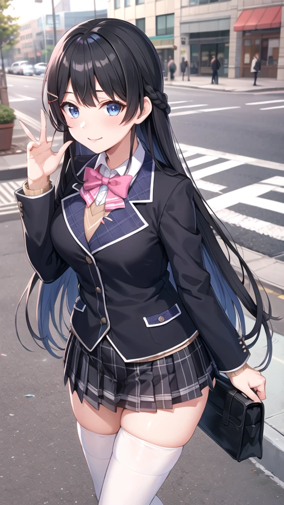 1girl, solo, tsukino mito, long hair, virtual youtuber, skirt, thighhighs, black hair, jacket, bow, blazer, black jacket, hairclip, hair ornament, white thighhighs, bangs, braid, pleated skirt, pink bow, school uniform, bowtie, very long hair, long sleeves, shirt, collared shirt, white shirt, blue eyes, pink bowtie, plaid skirt, plaid, black skirt, miniskirt, standing,  outdoors, street,