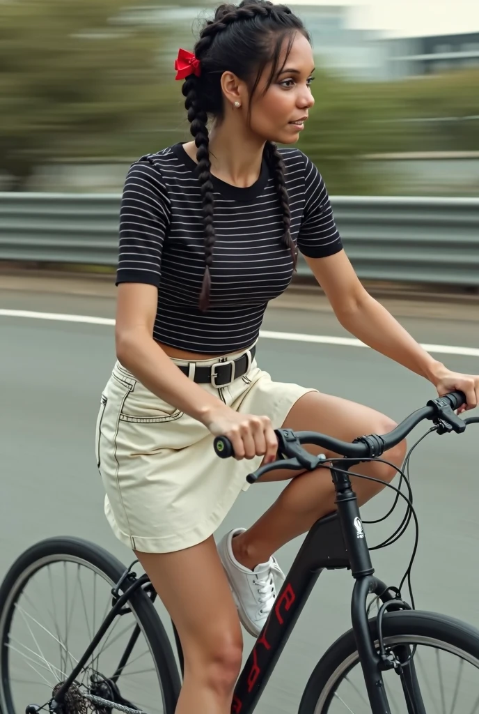 ((best quality)), ((masterpiece)), (detailed), Envision a dynamic young latin woman, wavy, dark hair, slender body, round face, zipping through the city streets on her bike, effortlessly combining style and functionality. She’s dressed in sleek black biker shorts that provide comfort and freedom of movement. Her neon yellow tank top adds a vibrant pop of color, ensuring she's visible and stylish. Over this, she wears a lightweight grey jacket, perfect for warding off a chill while maintaining breathability. Her outfit is a striking mix of bold and neutral tones, making her stand out against the urban backdrop. As she navigates through traffic and glides down bike lanes, her attire reflects her active lifestyle and vibrant personality, embodying the spirit of city biking with flair and confidence, perfect face, perfect hands, five fingers, 
