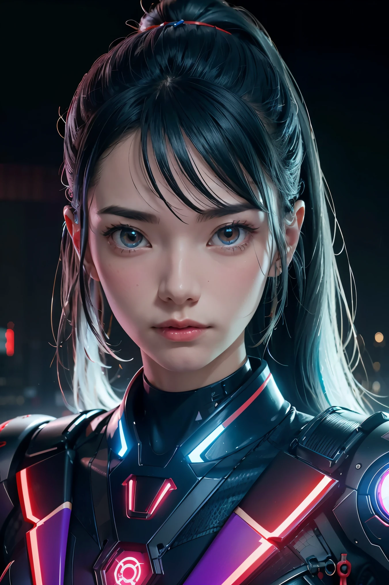 tmasterpiece,Best quality at best,A high resolution,8K,(portrait),(Close up of avatar),(RAW photogr),real photograph,digital photography,(cyberpunk queen),20 year old girl,long ponytail hairstyle,By bangs,(Black and blue gradient hair),(Glowing red eyes),Devil Eyes,Serious and charming,Mechanical body,Green glowing electronic components,Red wires and tubes connect the body,Complex purple electronic texture,Weird technology symbols,Black round forehead symbol,Luxurious mechanical crown,Keep your mouth shut,(Mechanical Woman),Photo pose,cyber punk perssonage,Future Style,gray world background,oc render reflection texture