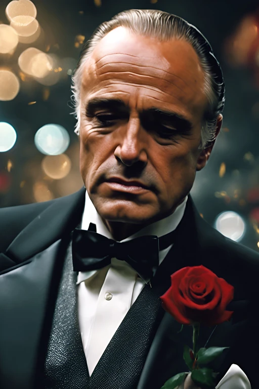 Arabian man wearing a tuxedo with a rose in his lapel, marlon brando as the The Godfather, The Godfather, the The Godfather, scene from the movie The Godfather, Masterpiece digital painting, Movie scene portrait closeup, Artwork portrait of Martin Ansin, Epic and elegant portrait, Elegant digital painting, Detailed painting 4k, 4k Art, High-quality portraits, Epic portrait illustration, Detailed portrait shots