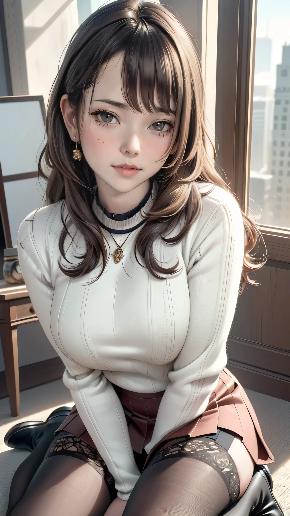 (random porn pose),(Highest image quality,(8k),ultra-realistic,best quality, high quality, high definition, high quality texture,high detail,beautiful detailed,fine detailed,extremely detailed cg,detailed texture,a realistic representation of the face,masterpiece,Sense of presence),sweater,tight mini skirt,stockings,Engineer boot