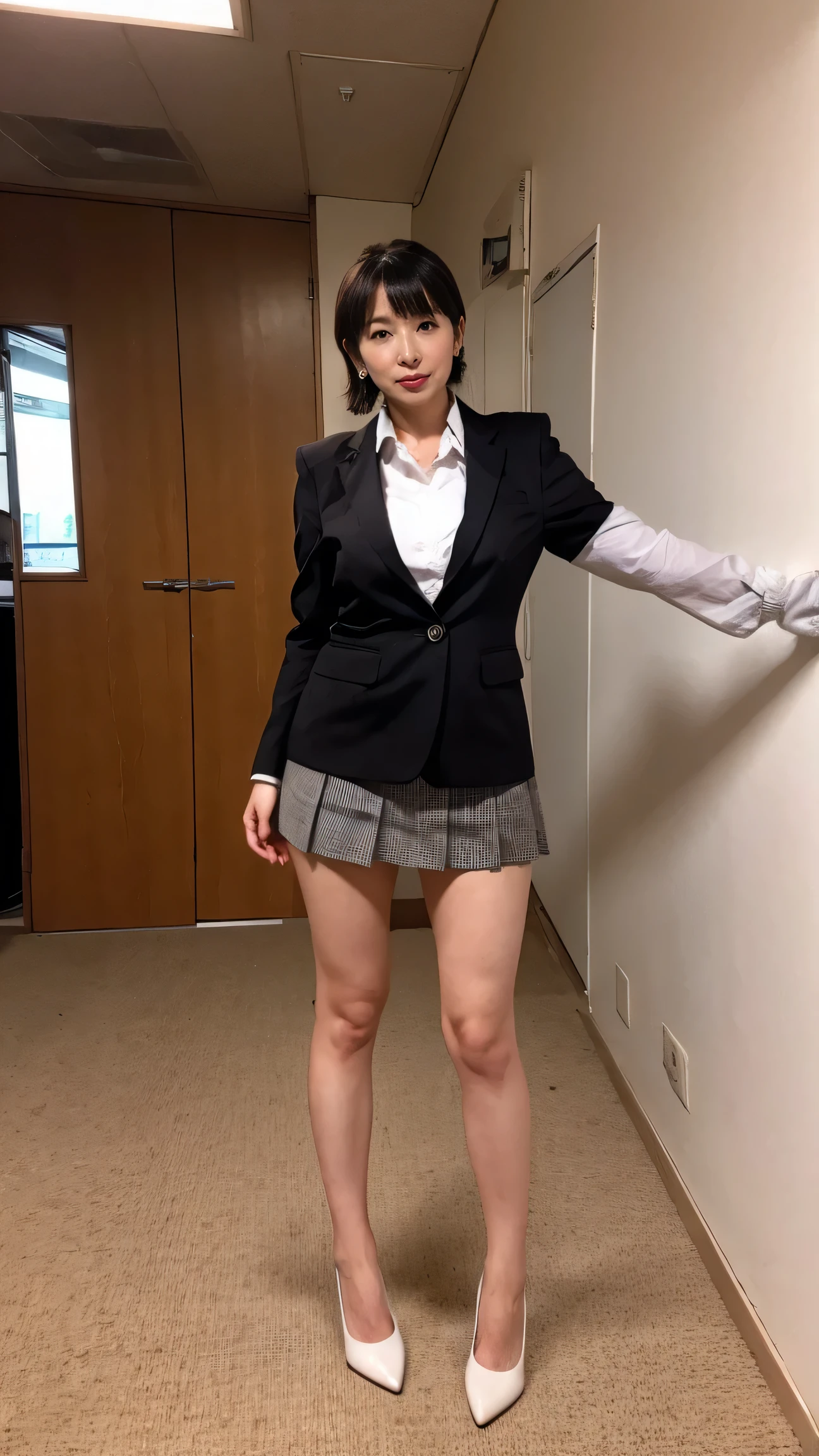 45 years old、Plump figure、Pearl Earrings、High School Uniform、Ultra short pleated micro mini skirt、(Exposing your thighs:1.4)、wearing high heels、standing、Full Body Shot、(Shooting from the front)、Shoot from high heels to head、Japanese high school hallway