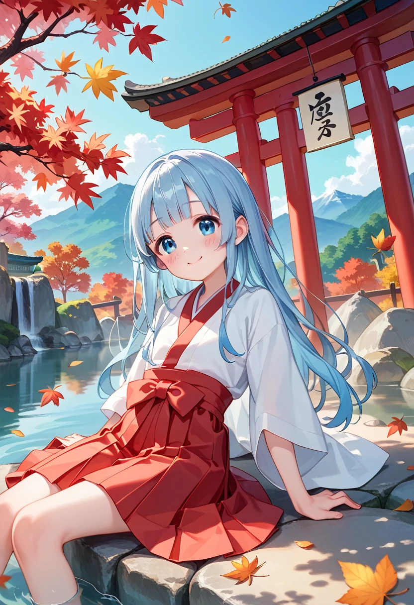 masterpiece, best quality, extremely detailed, (illustration, official art:1.1), 1 girl ,(((( light blue hair)))), ,(((( light blue long hair)))),light blue hair, ,((blush)) , cute face, big eyes, masterpiece, best quality,(((((a very delicate and beautiful girl))))),Amazing,beautiful detailed eyes,blunt bangs((((little delicate girl)))),(((tareme))),droopy eyes.(true beautiful:1.2), sense of depth,dynamic angle,,,, affectionate smile, (true beautiful:1.2),,(tiny 1girl model:1.2),)(flat chest), 、kawaii、shrine maiden、Japan white clothes,Red Hakama、torii gate,((High Position))、A big smile、Ultramammy,, autumn day,kaede、 Pines, Anime Background Art, japanese art style, beautiful anime scene, detailed scenery - width 672, Background art, Anime landscapes, Anime Background, Beautiful anime scenery, Beautiful peace scenes in anime, landscape artwork, Japan Village, Anime landscape concept art, 8K))、a lot of fallen leaves、Water twinkle、Springs in the mountains、Main shrine、chii 