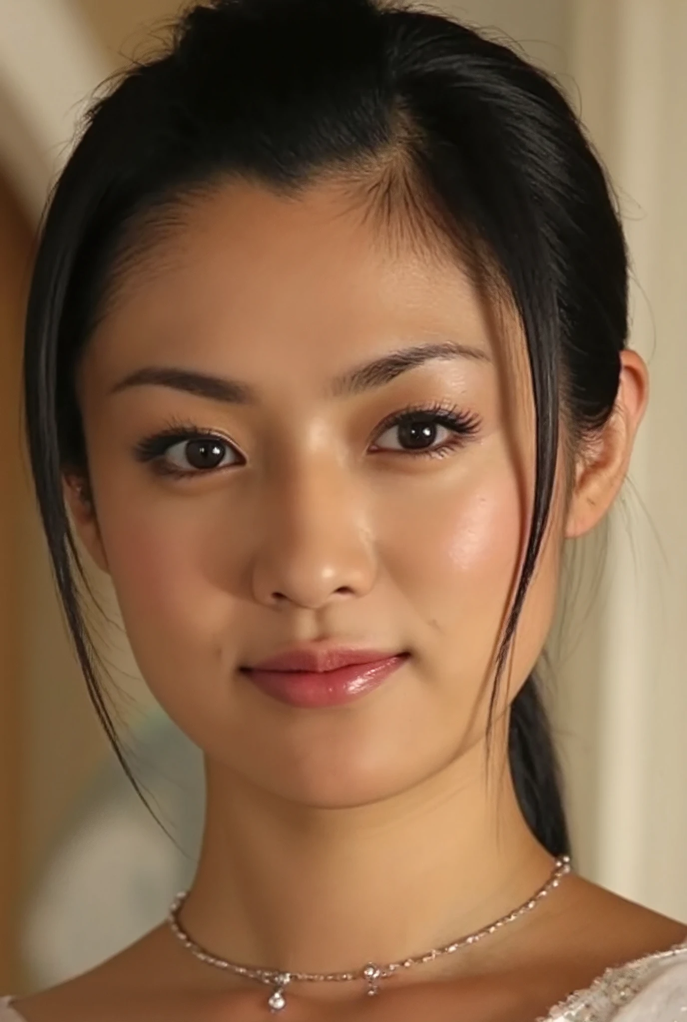 smile, (Best Quality:1.5), (Skin texture and pores:1.7), Sharp focus captures the entire face、Creates natural shadows on the cheeks and forehead, (HDR:1.4), Pores and fine skin details are realistically depicted.、Lighting enhances skin texture (Skin Detail:1.8), The lips have a slight sheen、The natural pink color creates an elegant reflection of light., The hair is realistically expressed.、The background is blurred, giving it a luxurious feel with studio lighting. (Background Blur:1.3)