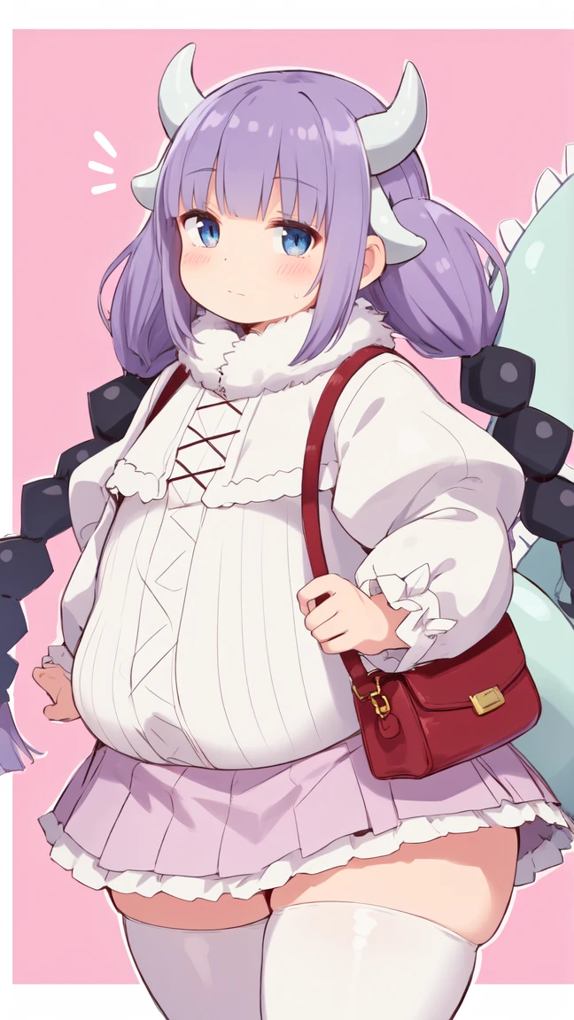 masterpiece, best quality, detailed, 1girl, solo, public place background, thick thighs, walking, from below, confused face,, ,<lora:Akitokage-Style-v1:1>,, kannakamui, dress, thighhighs, dragon horns, (hair beads:0.5), low twintails, <lora:Kanna05:1>
