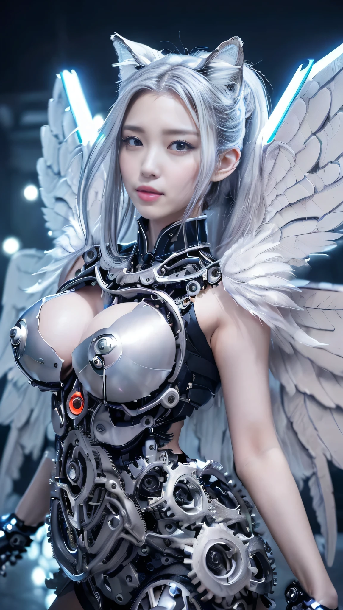 white hair、long fluttering hair、strong breeze、a purple eye、radiant eyes、Mechanical Angel、large metal wings、Circle of Shining Angels、Steampunk Girl、Colossal tits、The face and chest are alive、Cleavage is visible。photoRealstic、portfolio、White Latex Suit、White porcelain body、Evangelion-style metal mecha suit、Combat cyborg、Sumerian details、detailed mechanical components、Bundle of thin tubes、Hydraulic cylinder、Detailed neon、Fine LED、Fine parts、cowboy shot、character edge light、