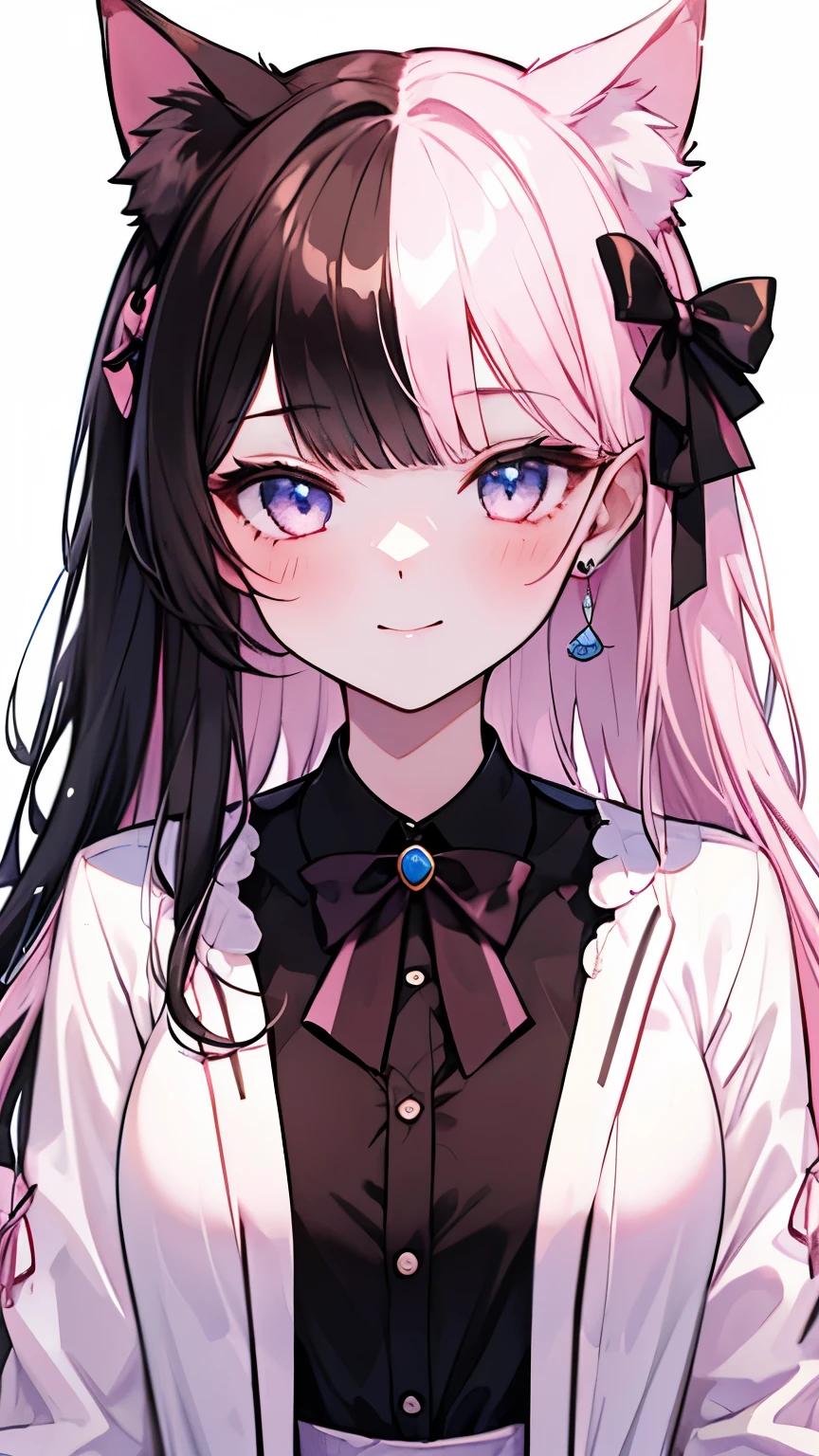 Long Hair, Gray Hair, Pink inner hair, Open your mouth, smile, Panicked, Illustration of pupil not overlapping lower lash line, The lower half of the eye is white, Hollow Eyes, Pink Eyes, Larger clothes, Sleeves are longer than the wrist, , Pink Cardigan, Pink Ribbon, Earrings,  White background, One girl, Cat ears，Alone, hairpin,（Hinano Tachibana）