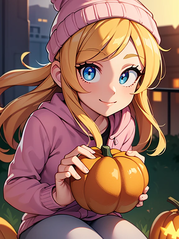 (masterpiece:1.2), best quality, high resolution, unity 8k wallpaper, (illustration:0.8), (beautiful detailed eyes:1.6), extremely detailed face, perfect lighting, extremely detailed CG, (perfect hands, perfect anatomy), 1girl, solo, blonde hair, blue eyes. (holding a Pumpkin Spice Latte:1.3). (Wearing: beanie, opened pink jacket, grey under shirt and leggings). Calm smile on face, she’s relaxed. Background: City park, autumn season, fall season.
