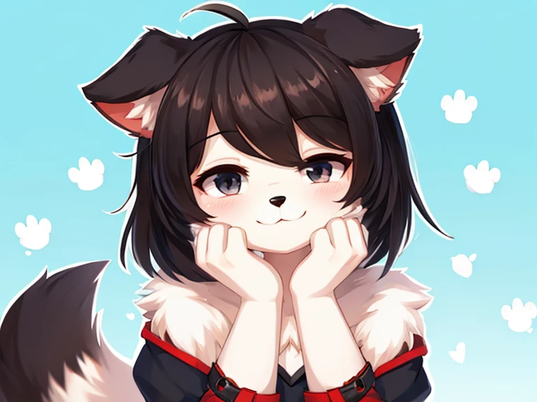 Furry girl, dog, cute, white, black, hair covering one eye, cute background 