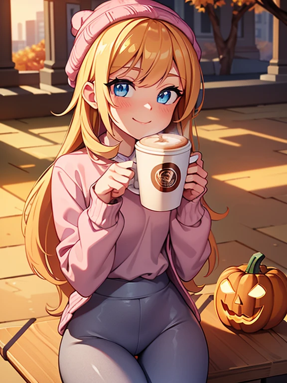 (masterpiece:1.2), best quality, high resolution, unity 8k wallpaper, (illustration:0.8), (beautiful detailed eyes:1.6), extremely detailed face, perfect lighting, extremely detailed CG, (perfect hands, perfect anatomy), 1girl, solo, blonde hair, blue eyes. (holding a coffee cup filled with Pumpkin Spice Latte:1.3). (Wearing: beanie, opened pink jacket, grey under shirt and leggings). Calm smile on face, she’s relaxed. Background: City park, autumn season, fall season.
