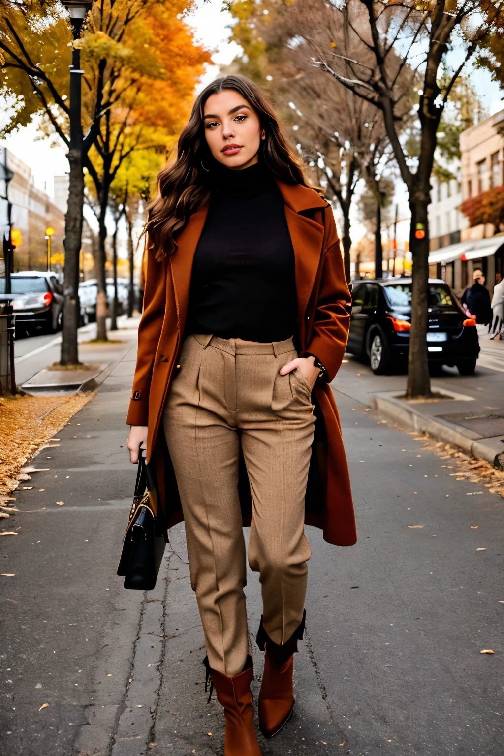 G Create an image of a fashionable female model dressed in trendy autumn clothing. She is wearing a long, rust-colored wool coat, paired with a chunky knit turtleneck sweater and tailored trousers in warm earth tones. The outfit is completed with knee-high leather boots, and she carries a sleek handbag. The model’s hair is styled in loose waves, and the scene is set in a city street lined with trees whose leaves have turned shades of orange and yellow. No short or revealing clothing, focusing on comfort and style for cooler weather.