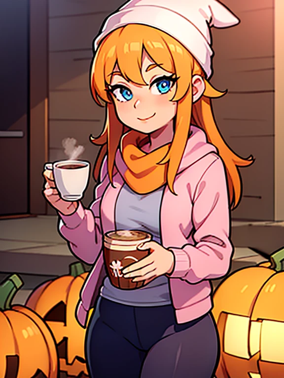 (masterpiece:1.2), best quality, high resolution, unity 8k wallpaper, (illustration:0.8), (beautiful detailed eyes:1.6), extremely detailed face, perfect lighting, extremely detailed CG, (perfect hands, perfect anatomy), 1girl, solo, blonde hair, blue eyes. (holding a coffee cup filled with Pumpkin Spice Latte:1.3). (Wearing: beanie, opened pink jacket, grey under shirt and leggings). Calm smile on face, she’s relaxed. Background: City park, autumn season, fall season.
