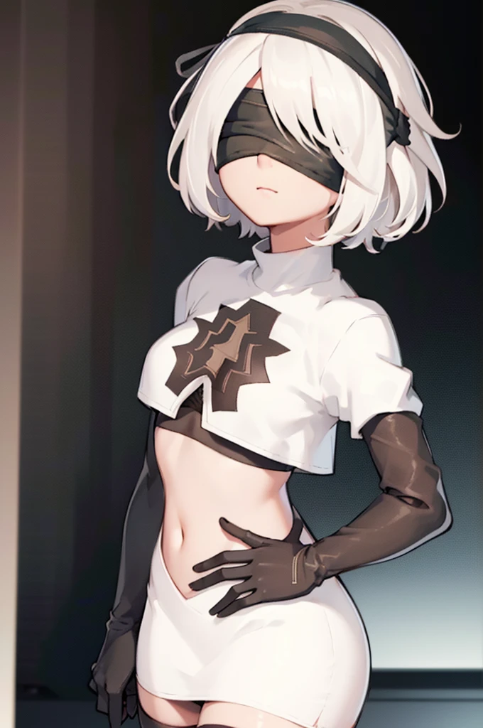 2b, 2b, (black blindfold:1.5), black hairband, blindfold, hairband, short hair, white hair,
BREAK hairband, robot, team rocket,team rocket uniform, red letter R, white skirt,white crop top,black thigh-highs,black elbow gloves,
BREAK looking at viewer,
BREAK (masterpiece:1.2), best quality, high resolution, unity 8k wallpaper, (illustration:0.8), (beautiful detailed eyes:1.6), extremely detailed face, perfect lighting, extremely detailed CG, (perfect hands, perfect anatomy),