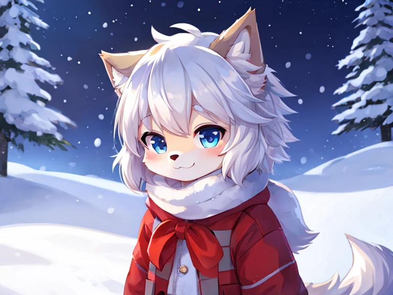 Young furry wolf, cute hair covering one eye, cute background, winter outfit 