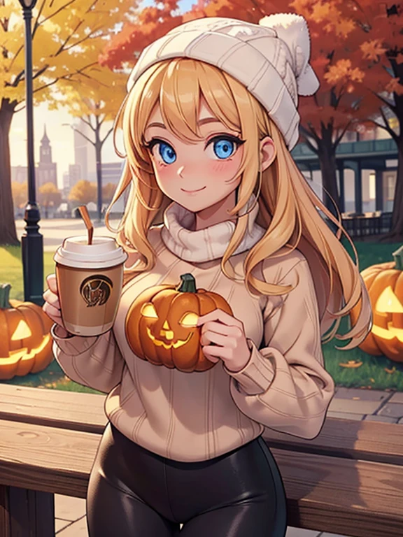 (masterpiece:1.2), best quality, high resolution, unity 8k wallpaper, (illustration:0.8), (beautiful detailed eyes:1.6), extremely detailed face, perfect lighting, extremely detailed CG, (perfect hands, perfect anatomy), 1girl, solo, blonde hair, blue eyes. (holding a coffee cup filled with Pumpkin Spice Latte:1.3). (Wearing: beanie, pink sweater and black leggings). Calm smile on face, she’s relaxed. Background: City park, autumn season, fall season.
