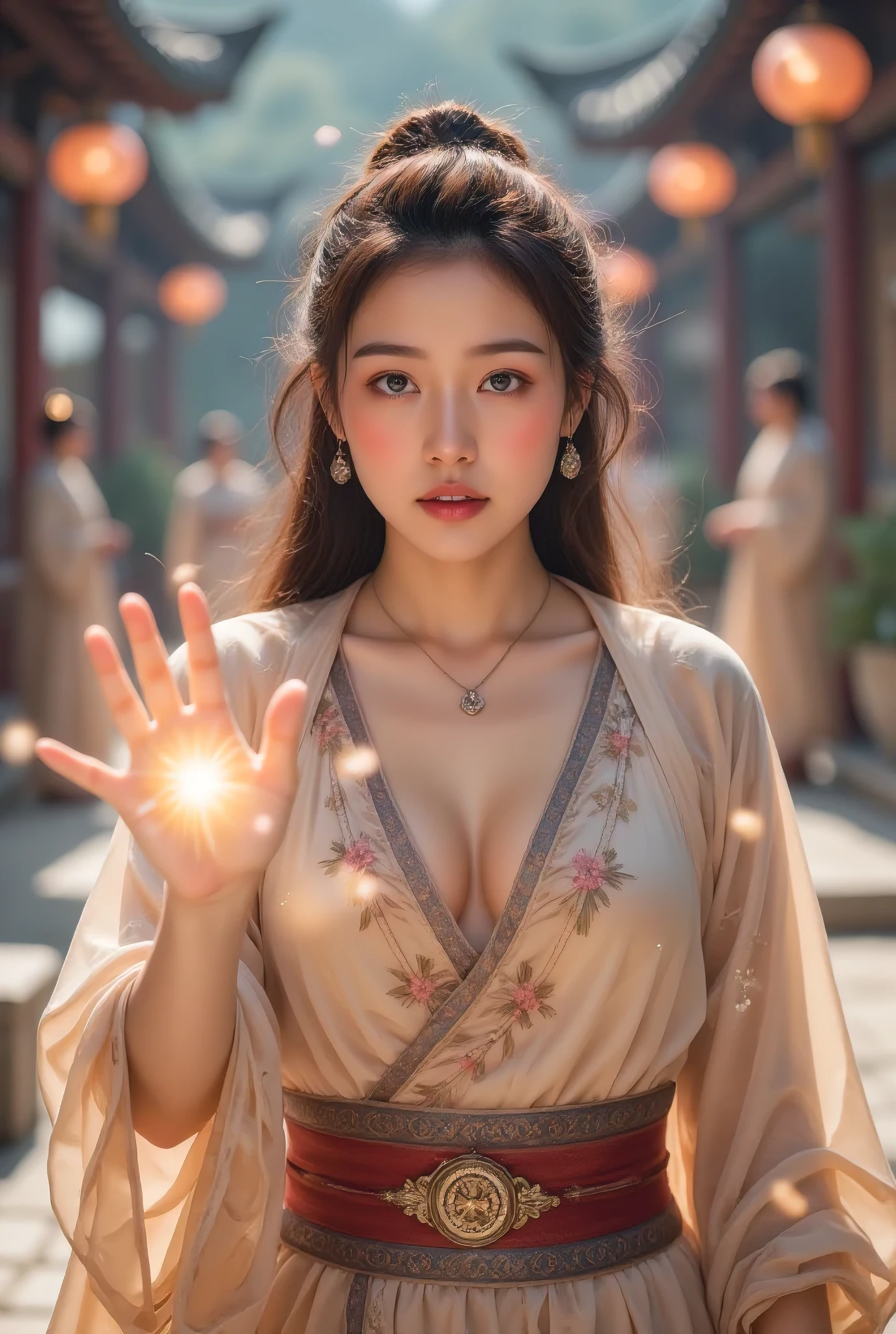 (8k, Best Quality, masterpiece:1.2), Ultra HD, Professional Lighting, Best Quality, Ultra-high resolution, Visually stunning, (1 girl:1.1), それ makes me feel something hidden deep inside my heart., Tunic, Cinematic Lighting, Cartoon characters use magic in cartoon shows, my hero academia, 1girl, breasts, Alone, blue eyes, large breasts, blush, Kallen stadtfeld, open mouth