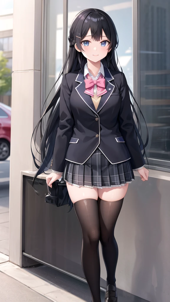 1girl, solo, tsukino mito, long hair, virtual youtuber, skirt, thighhighs, black hair, jacket, bow, blazer, black jacket, hairclip, hair ornament, white thighhighs, bangs, braid, pleated skirt, pink bow, school uniform, bowtie, very long hair, long sleeves, shirt, collared shirt, white shirt, blue eyes, pink bowtie, plaid skirt, plaid, black skirt, miniskirt, standing,  outdoors, street,