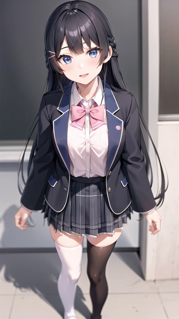 1girl, solo, tsukino mito, long hair, virtual youtuber, skirt, thighhighs, black hair, jacket, bow, blazer, black jacket, hairclip, hair ornament, white thighhighs, bangs, braid, pleated skirt, pink bow, school uniform, bowtie, very long hair, long sleeves, shirt, collared shirt, white shirt, blue eyes, pink bowtie, plaid skirt, plaid, black skirt, miniskirt, standing,  outdoors, street,