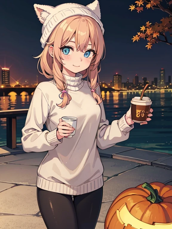 (masterpiece:1.2), best quality, high resolution, unity 8k wallpaper, (illustration:0.8), (beautiful detailed eyes:1.6), extremely detailed face, perfect lighting, extremely detailed CG, (perfect hands, perfect anatomy), 1girl, solo, blonde hair, blue eyes. (holding a coffee cup filled with Pumpkin Spice Latte:1.3). (Wearing: beanie, pink sweater and black leggings). Calm smile on face, she’s relaxed. Background: City park, autumn season, fall season.
